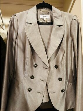 Calvin Klein Women's Metallic Silver/tan Double-Breasted pant suit.